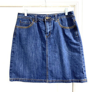 Dressbarn sz 10 stretch denim skirt brass studded pockets a-line classic preppy